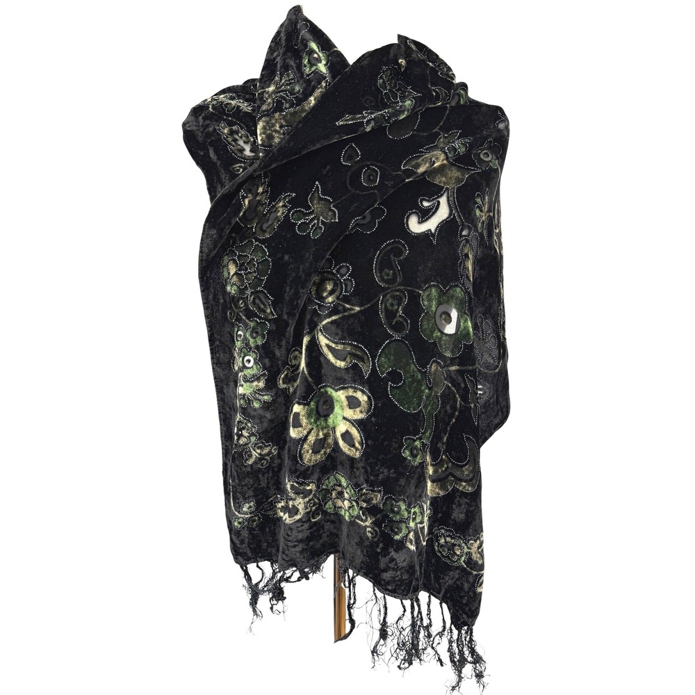 Black Velvet‎ Burnout Floral/Paisley Fringe Scarf Shawl Wrap 60" x 20"